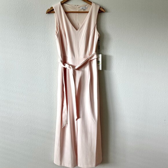 NWT Calvin Klein Light Pink Belted V Neck Cropped Jumpsuit Size‎ 4 - Picture 1 of 9